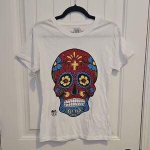 White T-Shirt with Colorful Skull Design